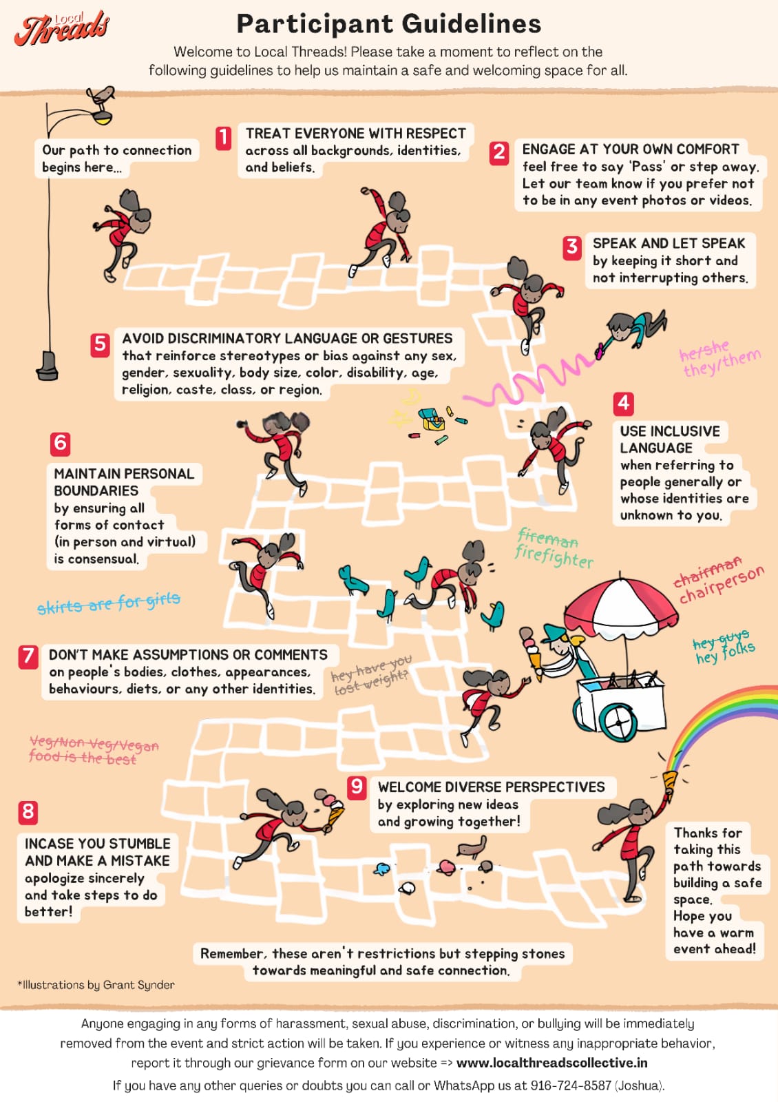 Local Threads Participant Guidelines — an illustrated path of nine guidelines for a safe, welcoming space